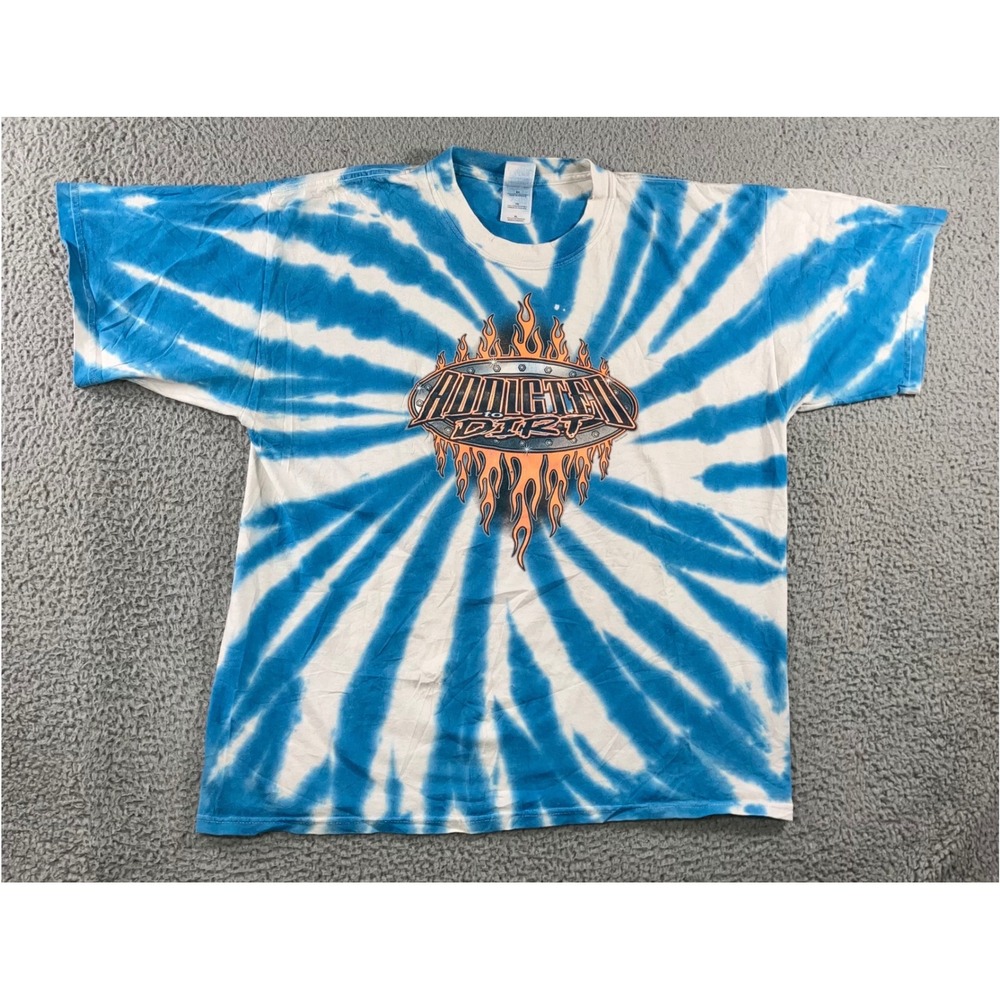 Vtg Gildan T-Shirt Men XL Addicted to Dirt Y2K Tie Dye Flame Graphic Heavyweight